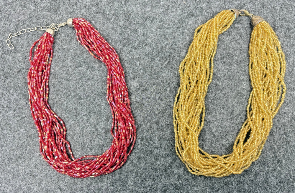 VTG Multi Strand Glass Seed Bead Necklace Lot (2) Red Gold Holiday Statement